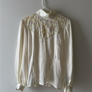 Vintage Elegant Cream Blouse with Gold Embroidery